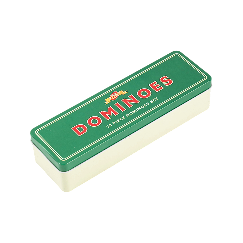 Klassische doppelte 6 Dominosteine mit grüner und weißer Metallbox
