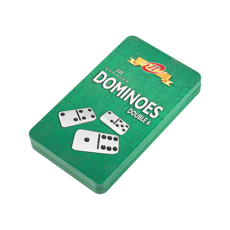 Standard Doppelte 6 Dominosteine in dunkelblauer Metallbox